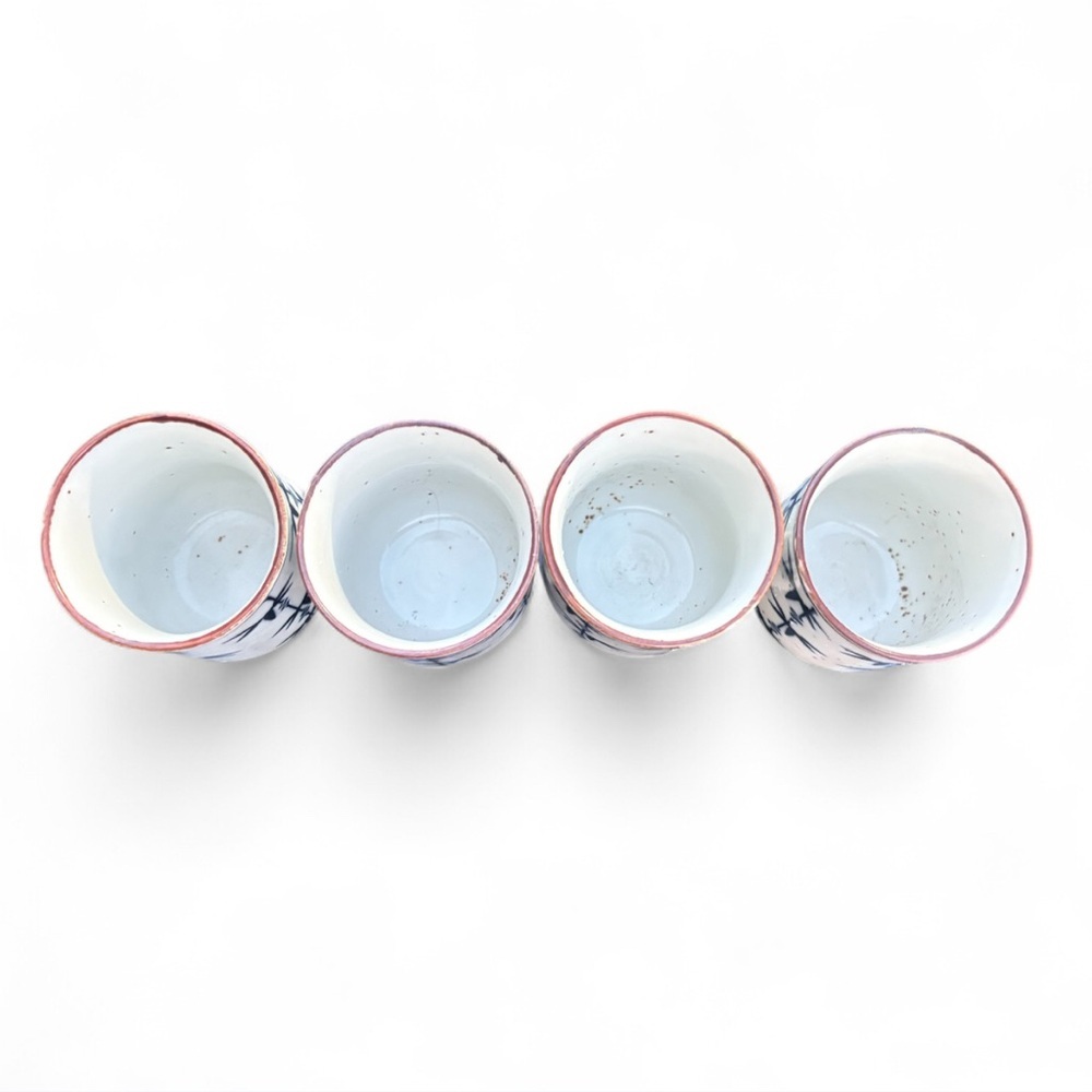 Set Of 4 Vintage Blue And White Bamboo Motif Stoneware Takahashi Tea Cups - Picture 2 of 8